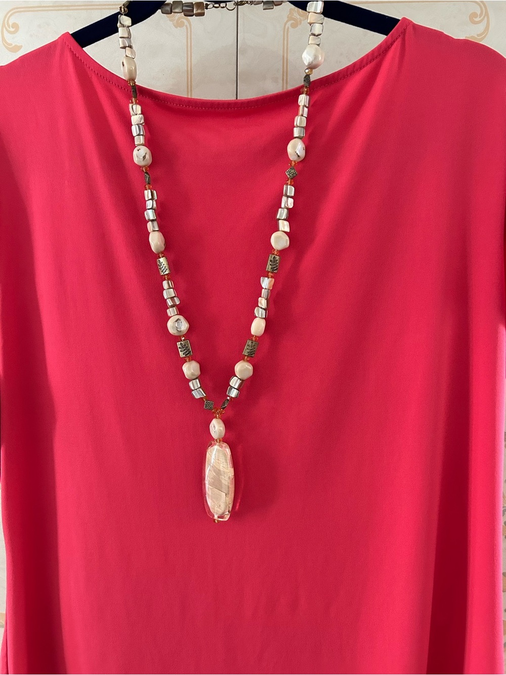 Handcrafted Pearl & Stone Pendant Necklace - Pink